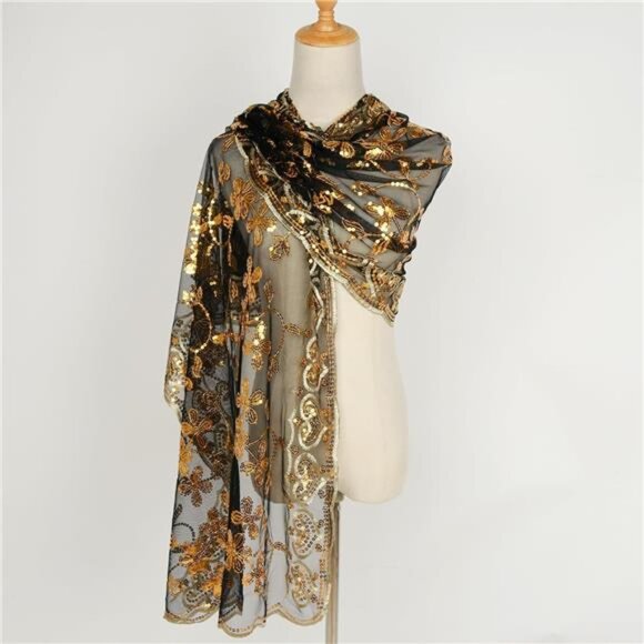 Glittering Scarf Mesh Sequin for Wedding Black Gold - Picture 6 of 7